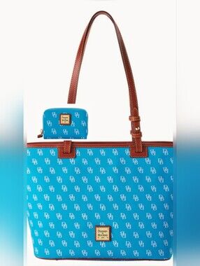 Dooney & Bourke Turquoise Blue Signature Tote with Brown Trim and Card Wallet.